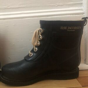 Ilse Jacobsen Hornbaek Black Lace-Up Tall Rain Boots Fleece Lined EU 37